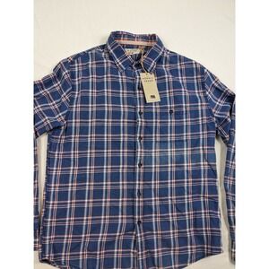 THE NORMAL BRAND Shirt Men's Medium LS Cotton Flannel Button Up Blue Plaid Flaw